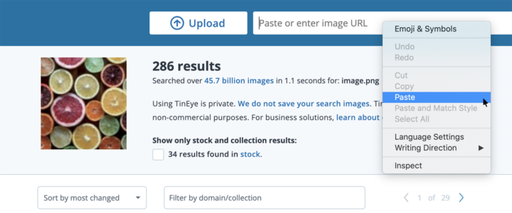 Search for an image by pasting it on the TinEye search page